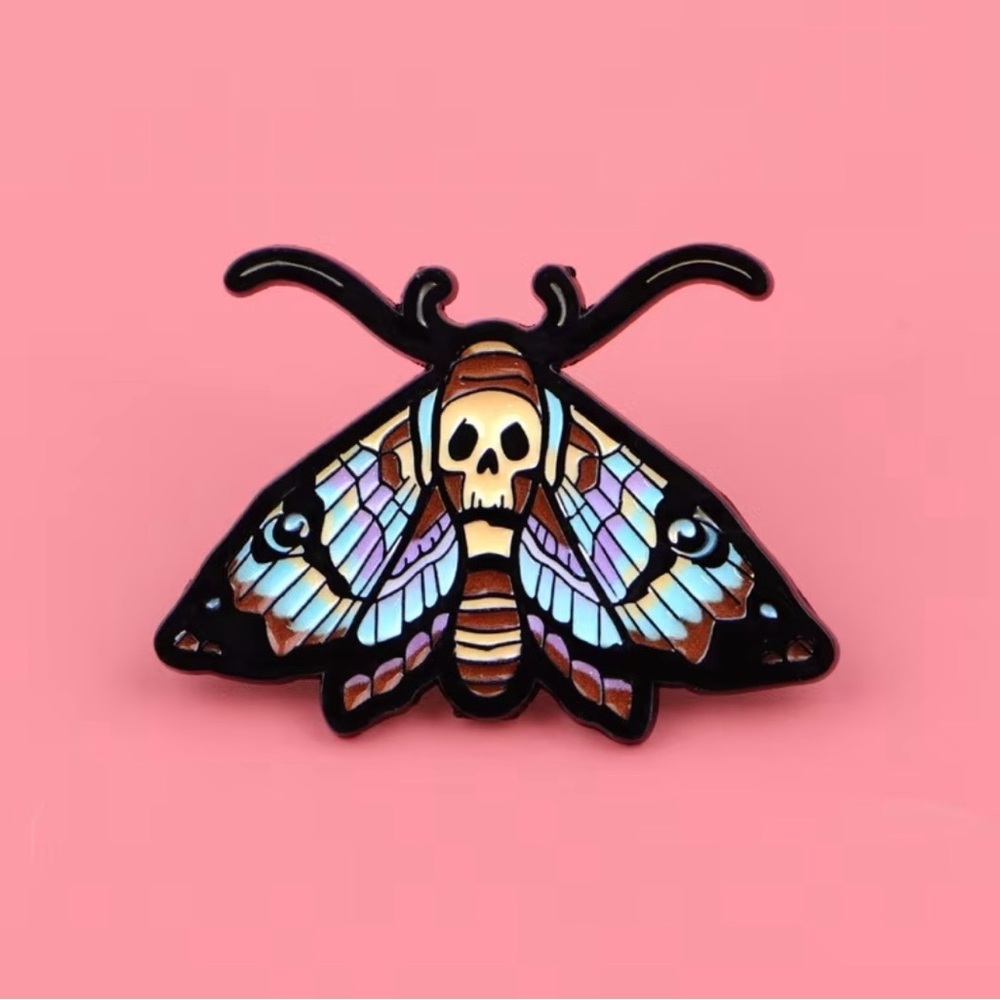 Skull Moth Enamel Pin - Iridescent Pastel Wings - Picture 2 of 4